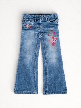 Y2K 4T Cotton Blue Skinny Jeans with Pink Floral Embroidery